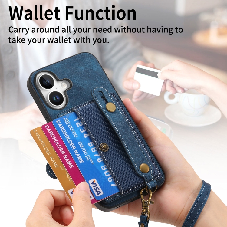 For iPhone 16 Plus Retro Cross Wristband Wallet Leather Back Phone Case(Blue) For iPhone 16 Plus Retro Cross Wristband Wallet Leather Back Phone Case(Blue)