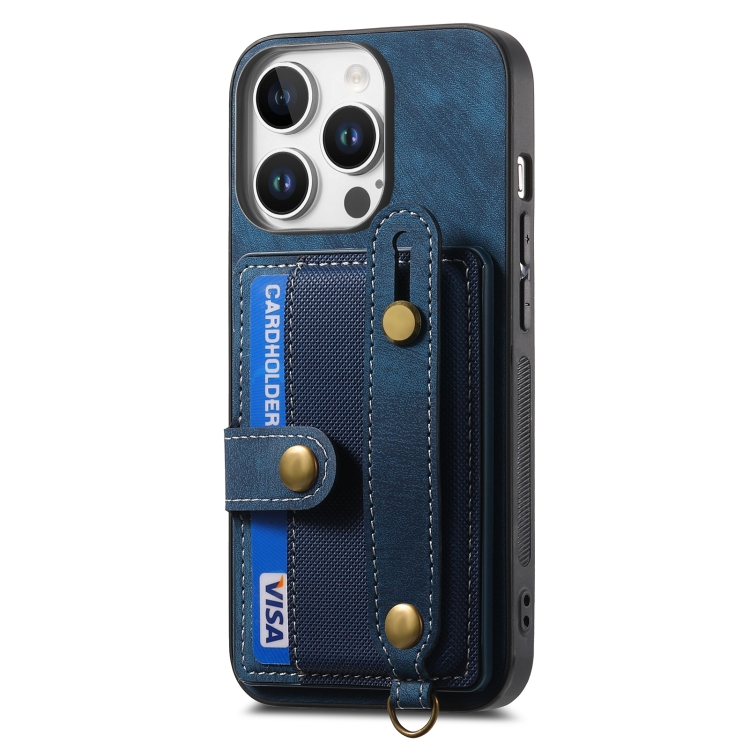 For iPhone 16 Pro Retro Cross Wristband Wallet Leather Back Phone Case(Blue) For iPhone 16 Pro Retro Cross Wristband Wallet Leather Back Phone Case(Blue)