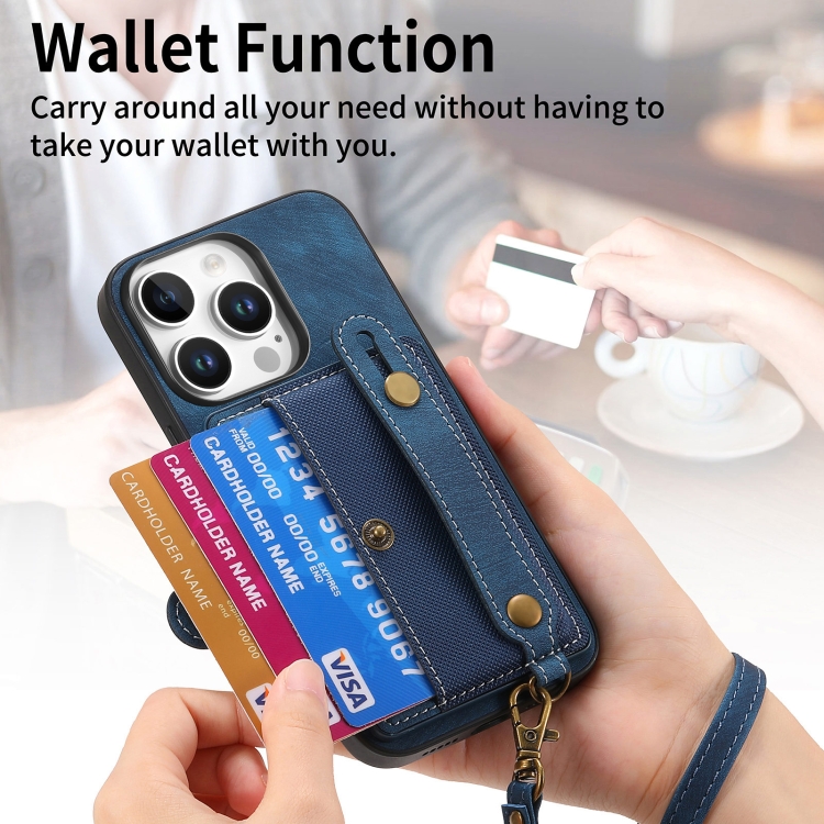 For iPhone 16 Pro Retro Cross Wristband Wallet Leather Back Phone Case(Blue) For iPhone 16 Pro Retro Cross Wristband Wallet Leather Back Phone Case(Blue)