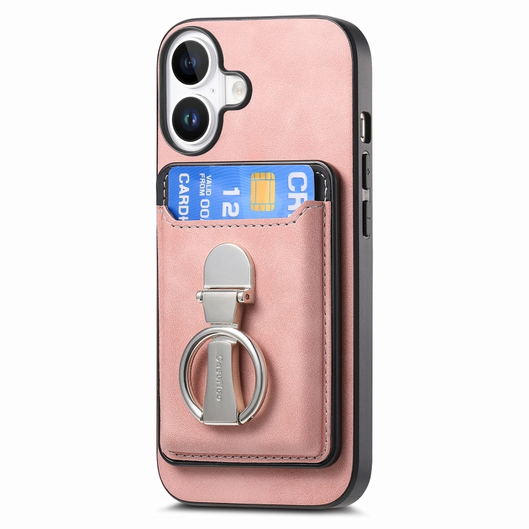 For iPhone 16 Plus Retro Folding Ring Holder Card Bag MagSafe Phone Case(Pink) For iPhone 16 Plus Retro Folding Ring Holder Card Bag MagSafe Phone Case(Pink)