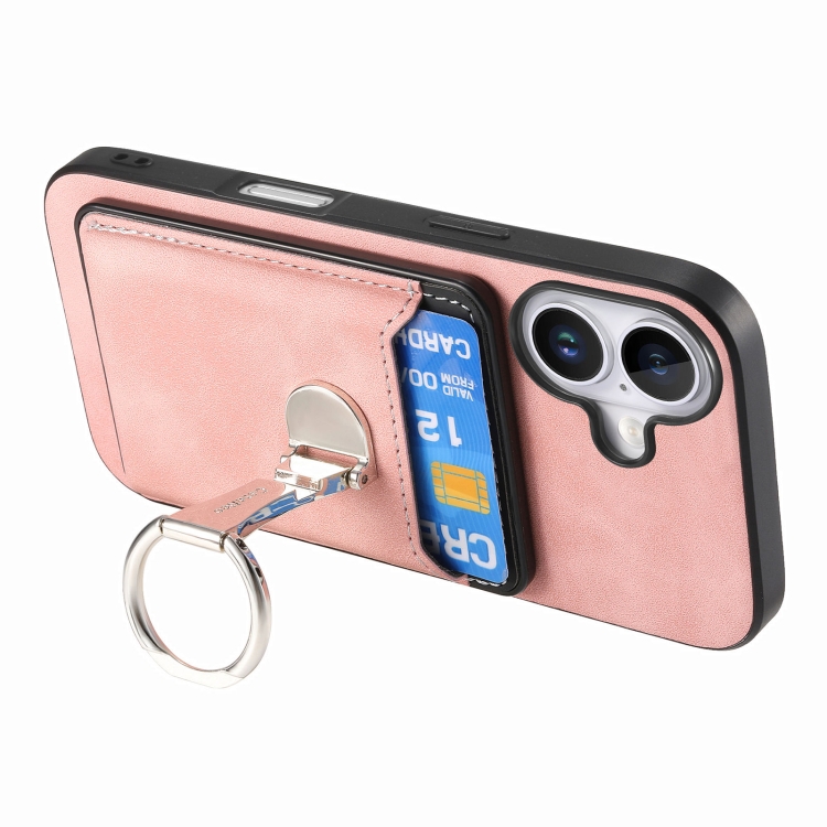 For iPhone 16 Plus Retro Folding Ring Holder Card Bag MagSafe Phone Case(Pink) For iPhone 16 Plus Retro Folding Ring Holder Card Bag MagSafe Phone Case(Pink)