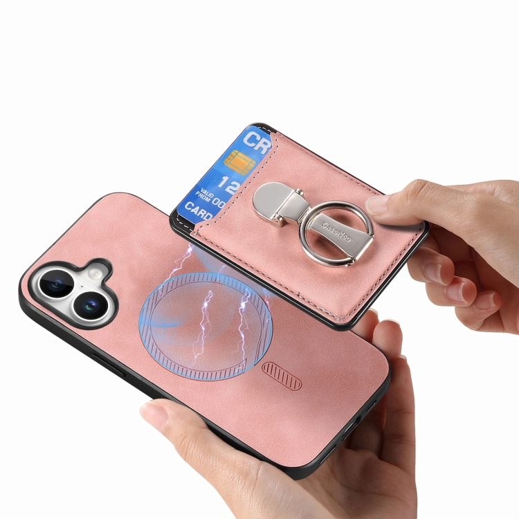 For iPhone 16 Plus Retro Folding Ring Holder Card Bag MagSafe Phone Case(Pink) For iPhone 16 Plus Retro Folding Ring Holder Card Bag MagSafe Phone Case(Pink)