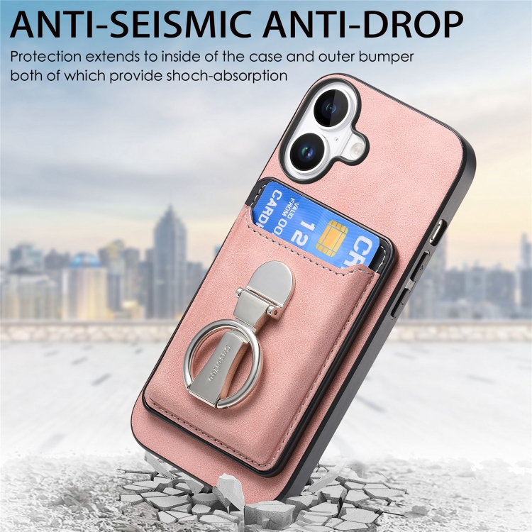 For iPhone 16 Plus Retro Folding Ring Holder Card Bag MagSafe Phone Case(Pink) For iPhone 16 Plus Retro Folding Ring Holder Card Bag MagSafe Phone Case(Pink)