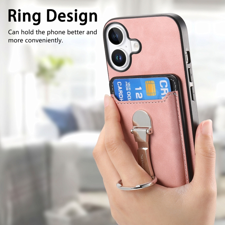 For iPhone 16 Plus Retro Folding Ring Holder Card Bag MagSafe Phone Case(Pink) For iPhone 16 Plus Retro Folding Ring Holder Card Bag MagSafe Phone Case(Pink)