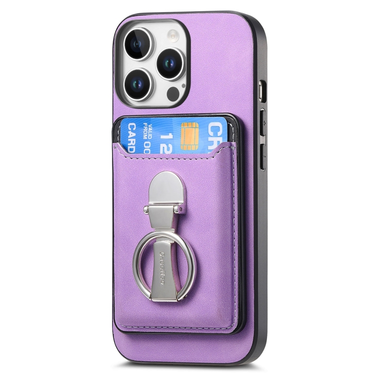 For iPhone 16 Pro Max Retro Folding Ring Holder Card Bag MagSafe Phone Case(Purple) For iPhone 16 Pro Max Retro Folding Ring Holder Card Bag MagSafe Phone Case(Purple)