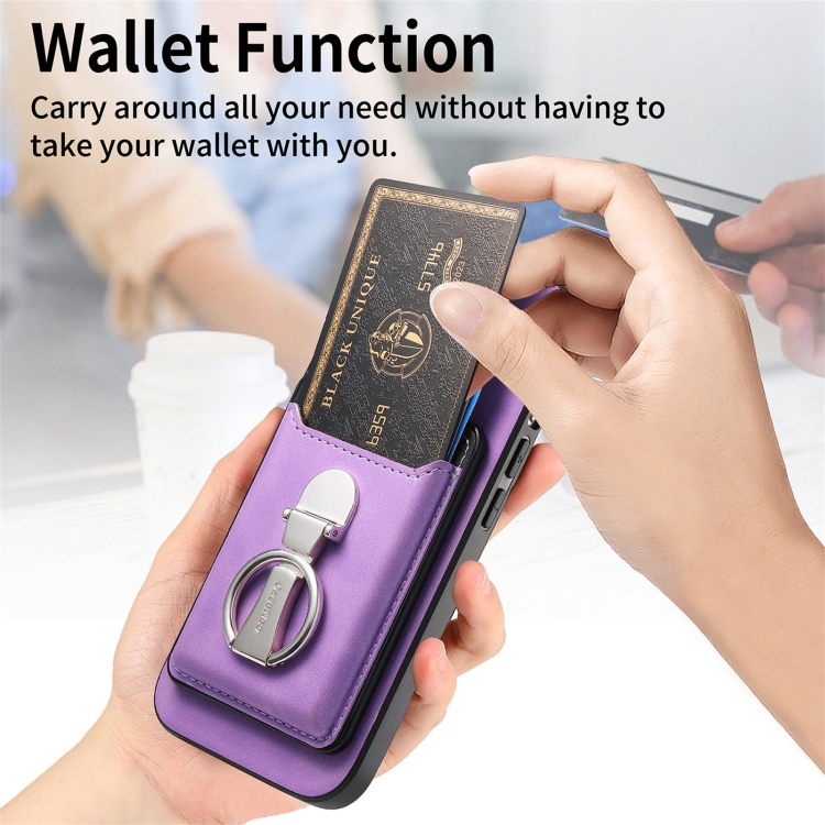 For iPhone 16 Pro Max Retro Folding Ring Holder Card Bag MagSafe Phone Case(Purple) For iPhone 16 Pro Max Retro Folding Ring Holder Card Bag MagSafe Phone Case(Purple)