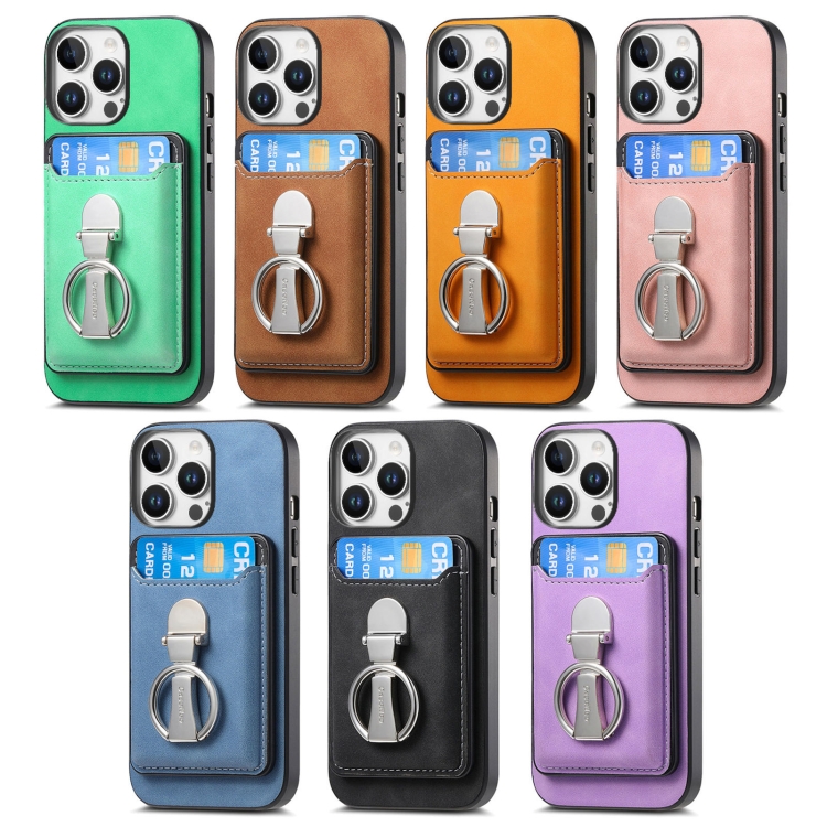 For iPhone 16 Plus Retro Folding Ring Holder Card Bag MagSafe Phone Case(Pink) For iPhone 16 Plus Retro Folding Ring Holder Card Bag MagSafe Phone Case(Pink)