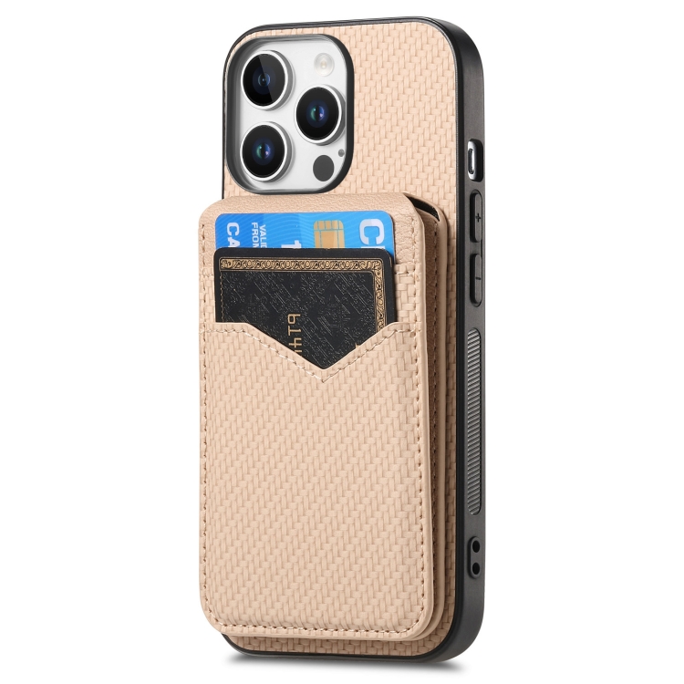 For iPhone 16 Pro Max Carbon Fiber MagSafe Vertical Flip Card Bag Phone Case(Khaki) For iPhone 16 Pro Max Carbon Fiber MagSafe Vertical Flip Card Bag Phone Case(Khaki)