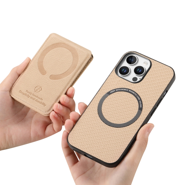 For iPhone 16 Pro Max Carbon Fiber MagSafe Vertical Flip Card Bag Phone Case(Khaki) For iPhone 16 Pro Max Carbon Fiber MagSafe Vertical Flip Card Bag Phone Case(Khaki)