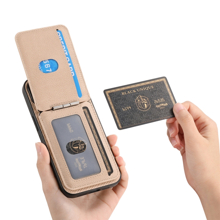 For iPhone 16 Pro Max Carbon Fiber MagSafe Vertical Flip Card Bag Phone Case(Khaki) For iPhone 16 Pro Max Carbon Fiber MagSafe Vertical Flip Card Bag Phone Case(Khaki)