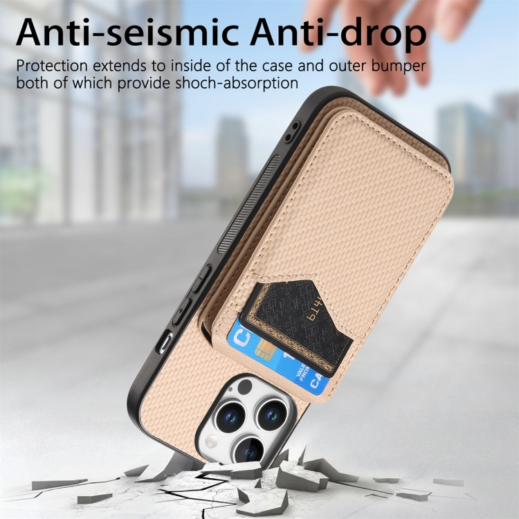For iPhone 16 Pro Max Carbon Fiber MagSafe Vertical Flip Card Bag Phone Case(Khaki) For iPhone 16 Pro Max Carbon Fiber MagSafe Vertical Flip Card Bag Phone Case(Khaki)