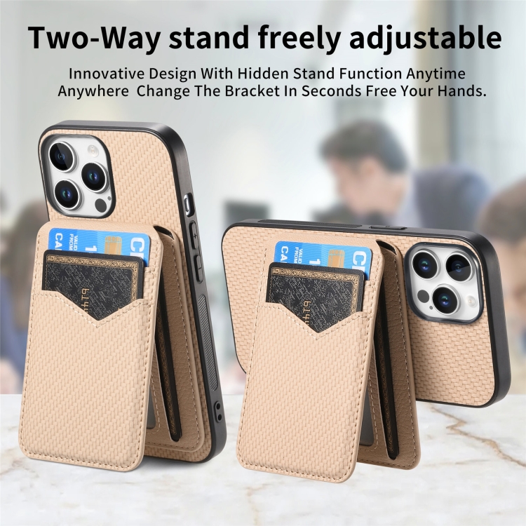 For iPhone 16 Pro Max Carbon Fiber MagSafe Vertical Flip Card Bag Phone Case(Khaki) For iPhone 16 Pro Max Carbon Fiber MagSafe Vertical Flip Card Bag Phone Case(Khaki)