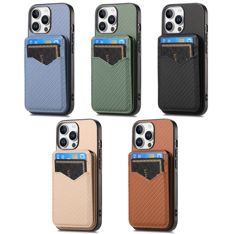 For iPhone 16 Pro Max Carbon Fiber MagSafe Vertical Flip Card Bag Phone Case(Khaki) For iPhone 16 Pro Max Carbon Fiber MagSafe Vertical Flip Card Bag Phone Case(Khaki)