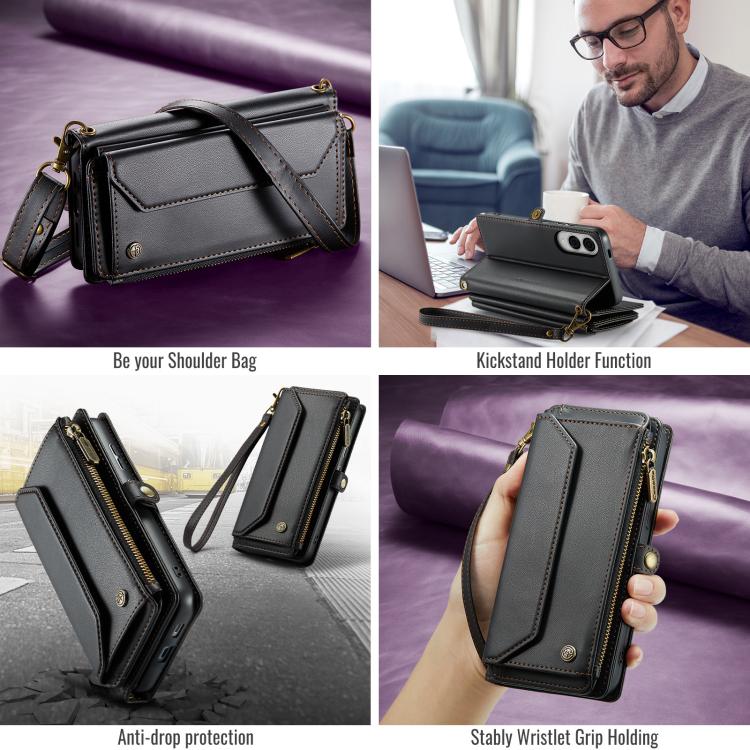 For Samsung Galaxy S25 Edge 5G CaseMe C36 Card Slots Zipper Wallet RFID Anti-theft Leather Phone Case(Black)