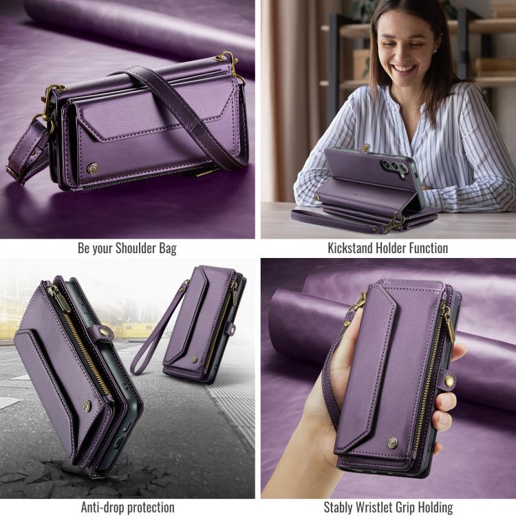 For Samsung Galaxy S25 FE 5G CaseMe C36 Card Slots Zipper Wallet RFID Anti-theft Leather Phone Case(Purple)