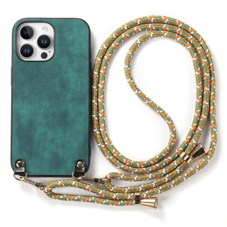 For iPhone 16 Pro Vintage Leather PC Back Cover Phone Case with Crossbody Strap(Green) For iPhone 16 Pro Vintage Leather PC Back Cover Phone Case with Crossbody Strap(Green)