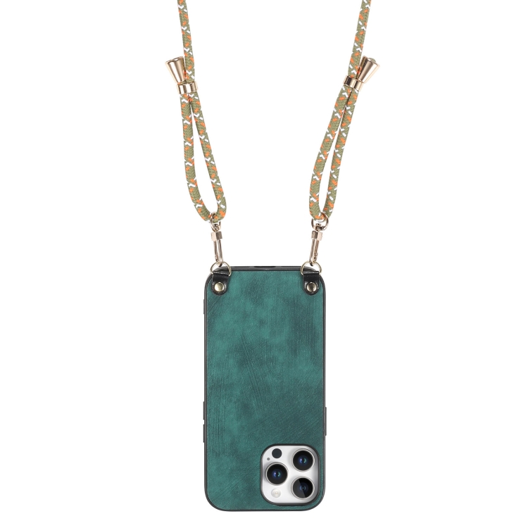 For iPhone 16 Pro Vintage Leather PC Back Cover Phone Case with Crossbody Strap(Green) For iPhone 16 Pro Vintage Leather PC Back Cover Phone Case with Crossbody Strap(Green)