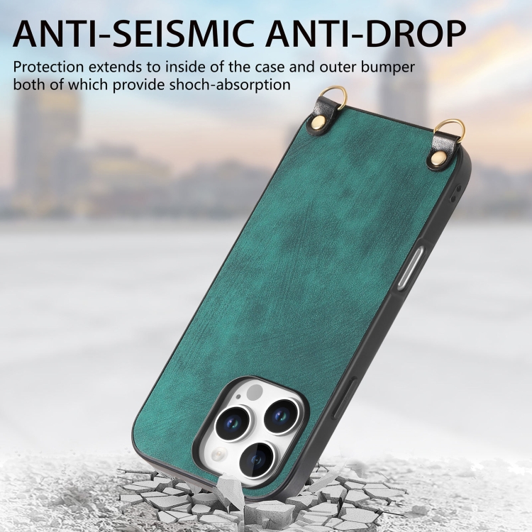 For iPhone 16 Pro Vintage Leather PC Back Cover Phone Case with Crossbody Strap(Green) For iPhone 16 Pro Vintage Leather PC Back Cover Phone Case with Crossbody Strap(Green)
