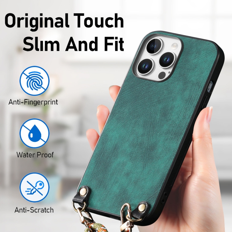 For iPhone 16 Pro Vintage Leather PC Back Cover Phone Case with Crossbody Strap(Green) For iPhone 16 Pro Vintage Leather PC Back Cover Phone Case with Crossbody Strap(Green)