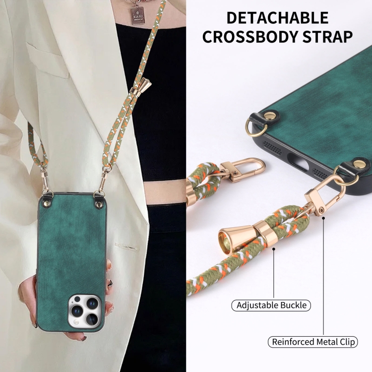 For iPhone 16 Pro Vintage Leather PC Back Cover Phone Case with Crossbody Strap(Green) For iPhone 16 Pro Vintage Leather PC Back Cover Phone Case with Crossbody Strap(Green)