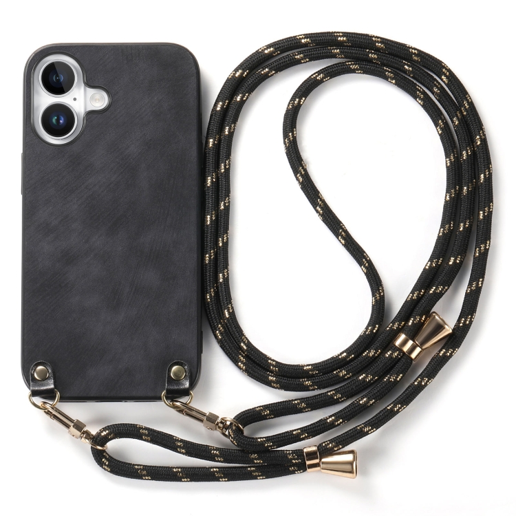 For iPhone 16 Plus Vintage Leather PC Back Cover Phone Case with Crossbody Strap(Black) For iPhone 16 Plus Vintage Leather PC Back Cover Phone Case with Crossbody Strap(Black)