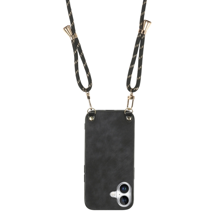 For iPhone 16 Plus Vintage Leather PC Back Cover Phone Case with Crossbody Strap(Black) For iPhone 16 Plus Vintage Leather PC Back Cover Phone Case with Crossbody Strap(Black)