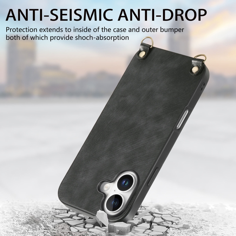 For iPhone 16 Plus Vintage Leather PC Back Cover Phone Case with Crossbody Strap(Black) For iPhone 16 Plus Vintage Leather PC Back Cover Phone Case with Crossbody Strap(Black)