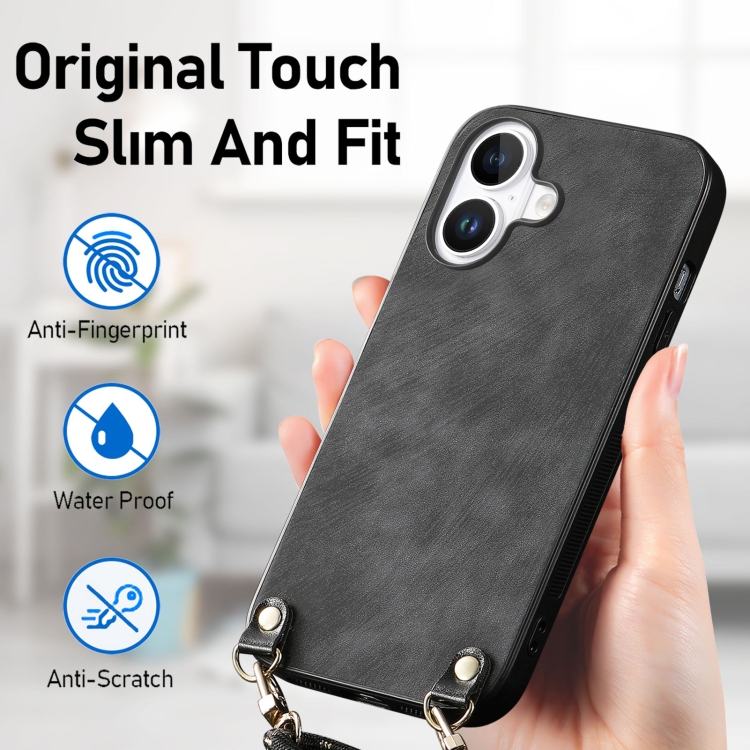 For iPhone 16 Plus Vintage Leather PC Back Cover Phone Case with Crossbody Strap(Black) For iPhone 16 Plus Vintage Leather PC Back Cover Phone Case with Crossbody Strap(Black)