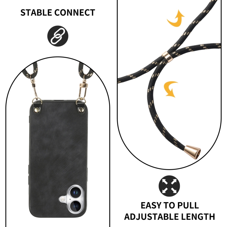 For iPhone 16 Plus Vintage Leather PC Back Cover Phone Case with Crossbody Strap(Black) For iPhone 16 Plus Vintage Leather PC Back Cover Phone Case with Crossbody Strap(Black)