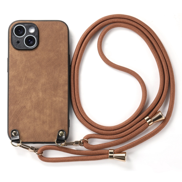 For iPhone 15 Vintage Leather PC Back Cover Phone Case with Crossbody Strap(Brown) For iPhone 15 Vintage Leather PC Back Cover Phone Case with Crossbody Strap(Brown)
