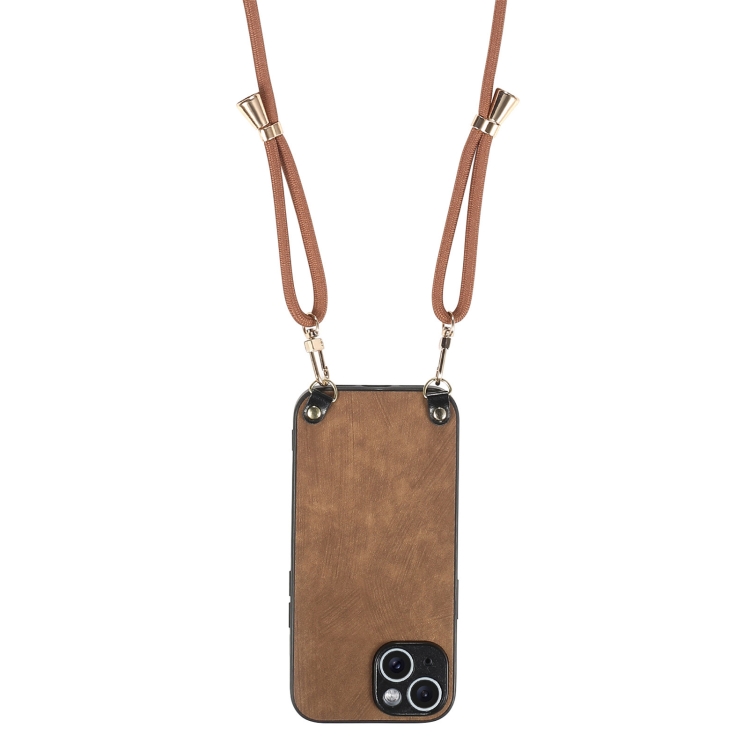 For iPhone 15 Vintage Leather PC Back Cover Phone Case with Crossbody Strap(Brown) For iPhone 15 Vintage Leather PC Back Cover Phone Case with Crossbody Strap(Brown)