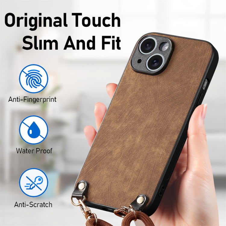 For iPhone 15 Vintage Leather PC Back Cover Phone Case with Crossbody Strap(Brown) For iPhone 15 Vintage Leather PC Back Cover Phone Case with Crossbody Strap(Brown)