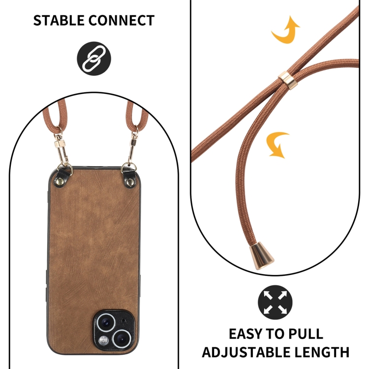 For iPhone 15 Vintage Leather PC Back Cover Phone Case with Crossbody Strap(Brown) For iPhone 15 Vintage Leather PC Back Cover Phone Case with Crossbody Strap(Brown)