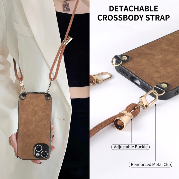 For iPhone 15 Vintage Leather PC Back Cover Phone Case with Crossbody Strap(Brown) For iPhone 15 Vintage Leather PC Back Cover Phone Case with Crossbody Strap(Brown)