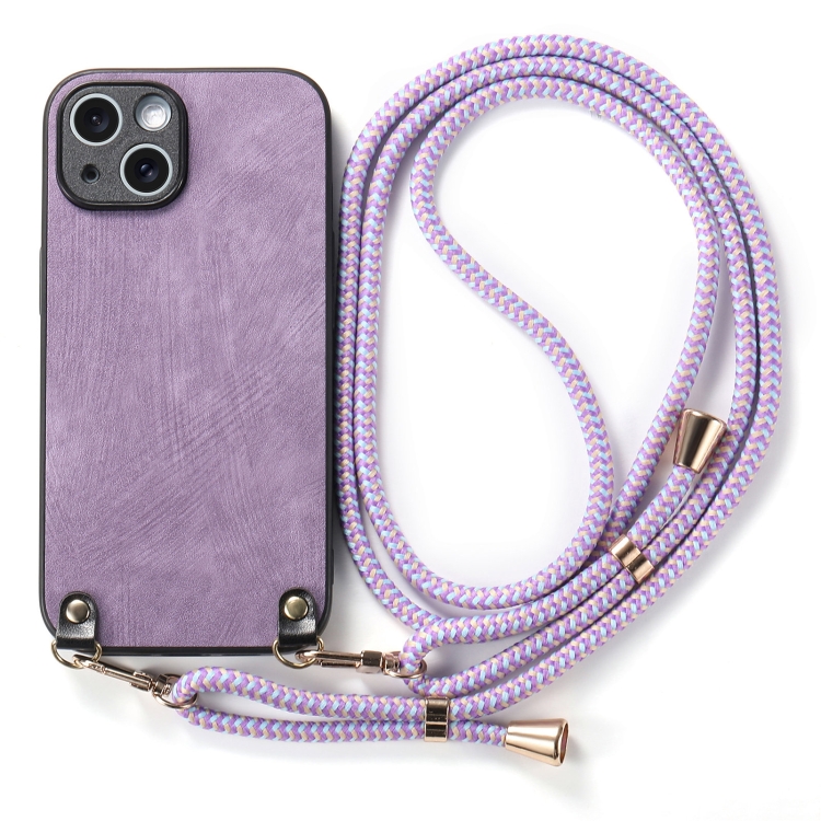 For iPhone 14 Vintage Leather PC Back Cover Phone Case with Crossbody Strap(Purple) For iPhone 14 Vintage Leather PC Back Cover Phone Case with Crossbody Strap(Purple)