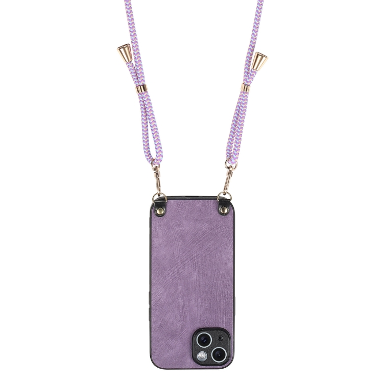 For iPhone 14 Vintage Leather PC Back Cover Phone Case with Crossbody Strap(Purple) For iPhone 14 Vintage Leather PC Back Cover Phone Case with Crossbody Strap(Purple)