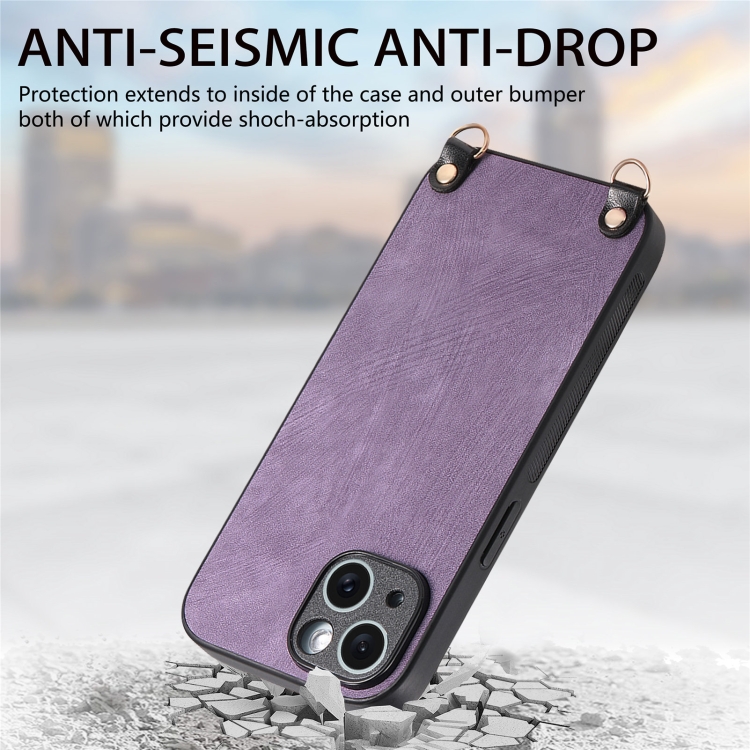 For iPhone 14 Vintage Leather PC Back Cover Phone Case with Crossbody Strap(Purple) For iPhone 14 Vintage Leather PC Back Cover Phone Case with Crossbody Strap(Purple)