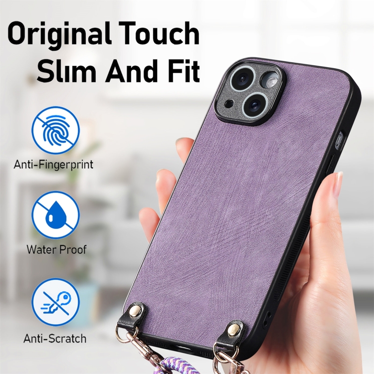 For iPhone 14 Vintage Leather PC Back Cover Phone Case with Crossbody Strap(Purple) For iPhone 14 Vintage Leather PC Back Cover Phone Case with Crossbody Strap(Purple)