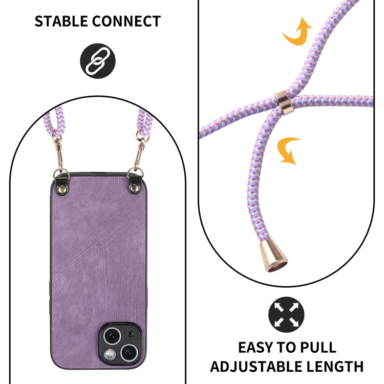 For iPhone 14 Vintage Leather PC Back Cover Phone Case with Crossbody Strap(Purple) For iPhone 14 Vintage Leather PC Back Cover Phone Case with Crossbody Strap(Purple)
