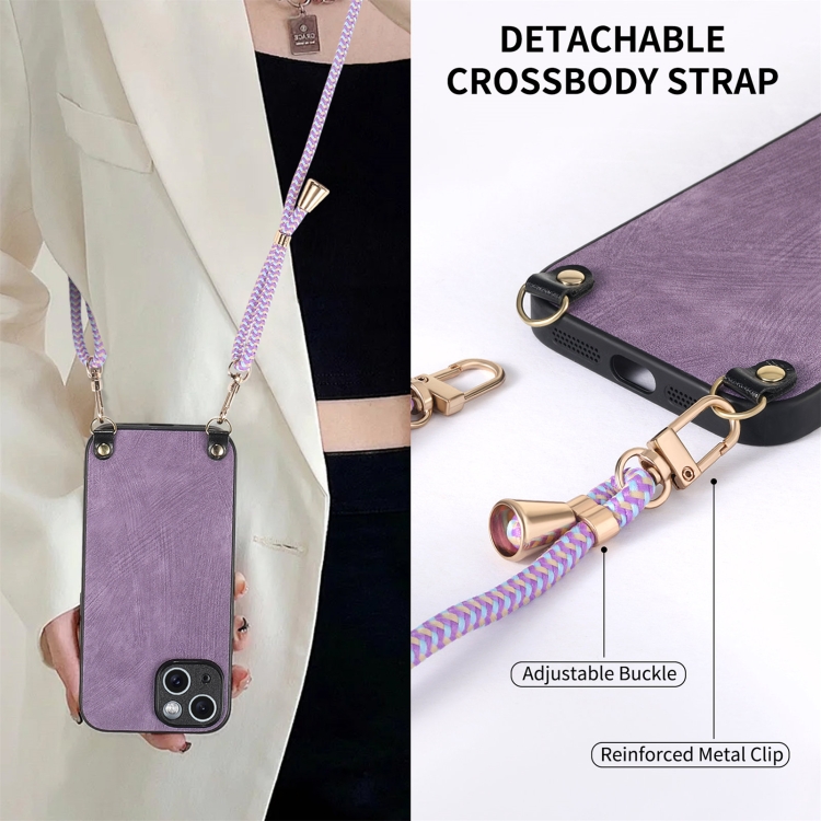 For iPhone 14 Vintage Leather PC Back Cover Phone Case with Crossbody Strap(Purple) For iPhone 14 Vintage Leather PC Back Cover Phone Case with Crossbody Strap(Purple)