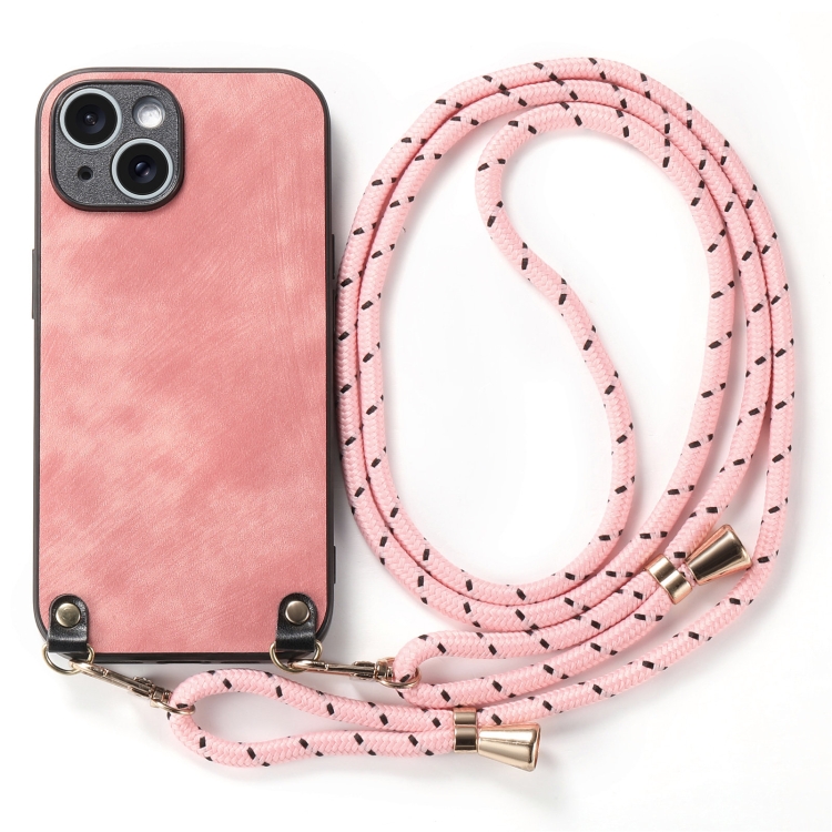 For iPhone 12 mini Vintage Leather PC Back Cover Phone Case with Crossbody Strap(Pink)