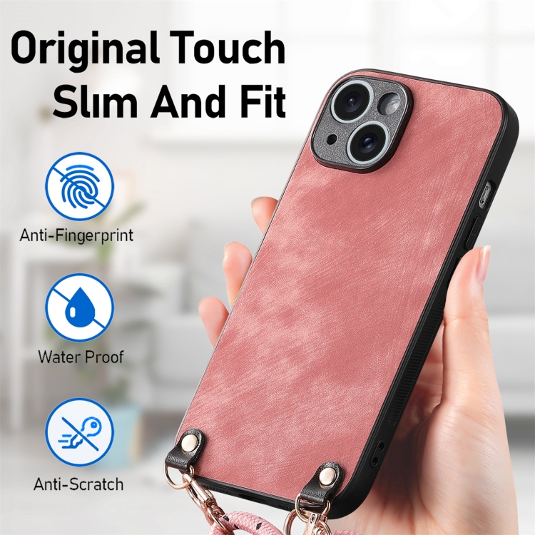 For iPhone 12 mini Vintage Leather PC Back Cover Phone Case with Crossbody Strap(Pink)