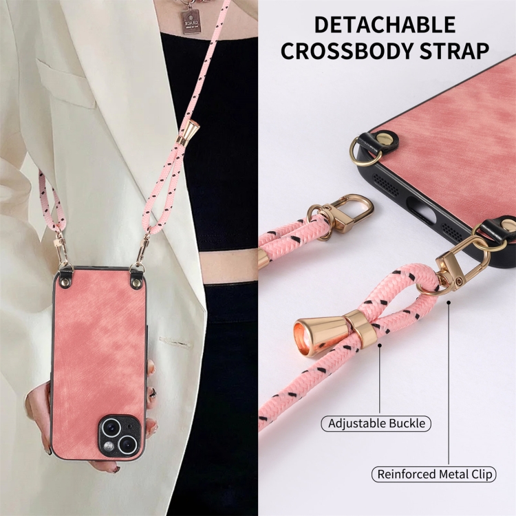 For iPhone 12 mini Vintage Leather PC Back Cover Phone Case with Crossbody Strap(Pink)