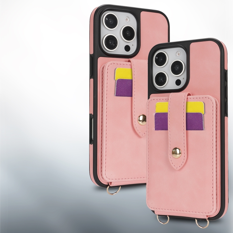 For iPhone 16 Pro Max Crossbody Skin Card Bag Lanyard Phone Case(Pink) For iPhone 16 Pro Max Crossbody Skin Card Bag Lanyard Phone Case(Pink)