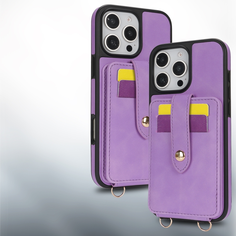 For iPhone 16 Plus Crossbody Skin Card Bag Lanyard Phone Case(Purple) For iPhone 16 Plus Crossbody Skin Card Bag Lanyard Phone Case(Purple)