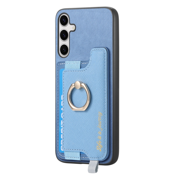 For Samsung Galaxy S24 5G Retro Cross Leather Ring Horizontal Insert Card Bag MagSafe Phone Case(Blue)
