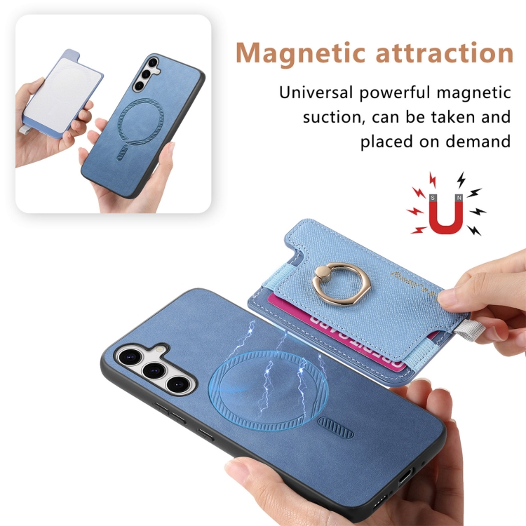 For Samsung Galaxy S24 5G Retro Cross Leather Ring Horizontal Insert Card Bag MagSafe Phone Case(Blue)