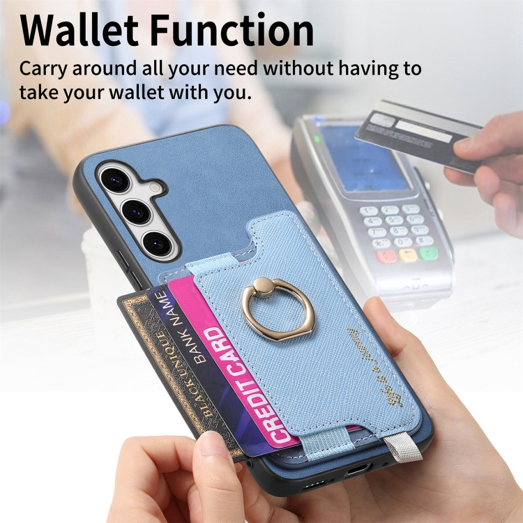 For Samsung Galaxy S24 5G Retro Cross Leather Ring Horizontal Insert Card Bag MagSafe Phone Case(Blue)