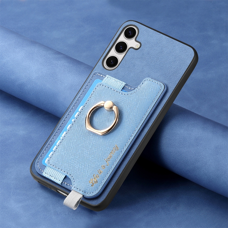 For Samsung Galaxy S24 5G Retro Cross Leather Ring Horizontal Insert Card Bag MagSafe Phone Case(Blue)