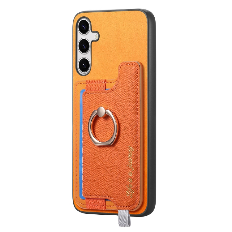 For Samsung Galaxy S25 5G Retro Cross Leather Ring Horizontal Insert Card Bag MagSafe Phone Case(Yellow) For Samsung Galaxy S25 5G Retro Cross Leather Ring Horizontal Insert Card Bag MagSafe Phone Case(Yellow)